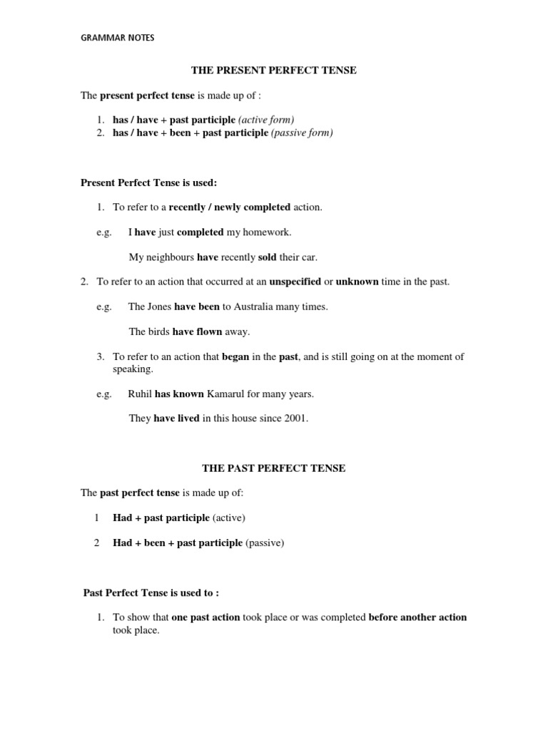 Present Perfect and Past Perfect Tenses | PDF | Perfect (Grammar ...