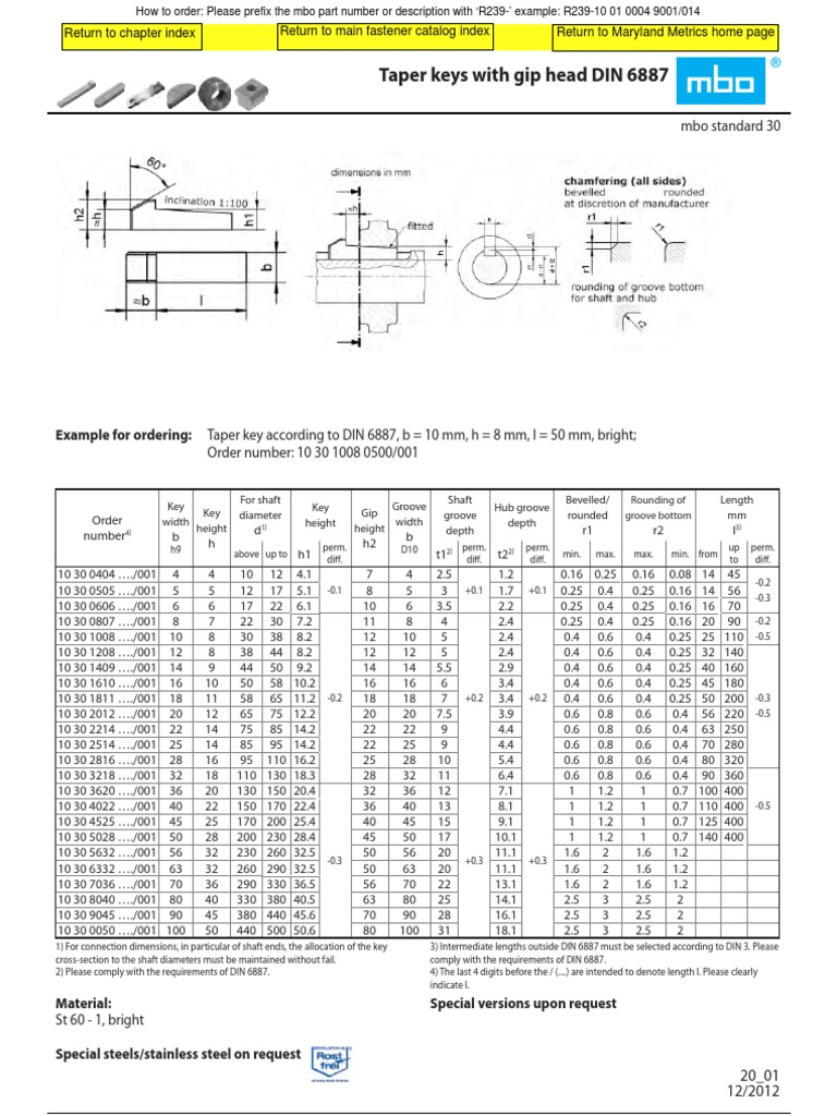 Taper Keys With Gip Head DIN 6887 Engineering Tolerance Mechanical Engineering