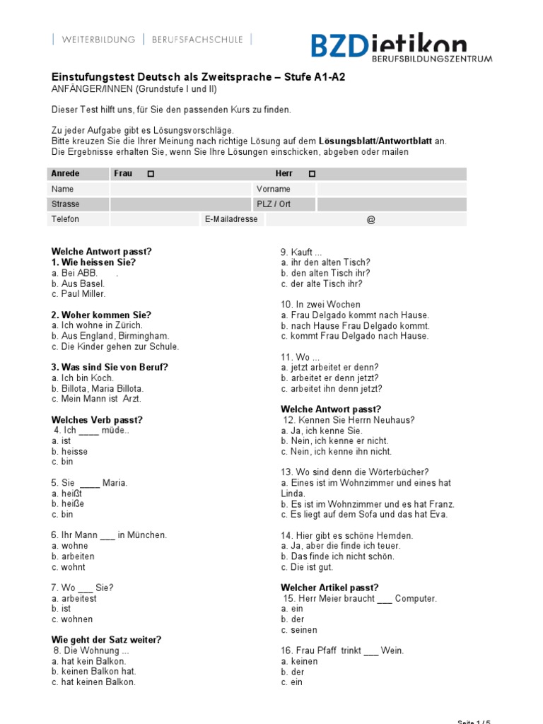 Einstufungstest Teil 1 Menschen A21 Und A22pdf