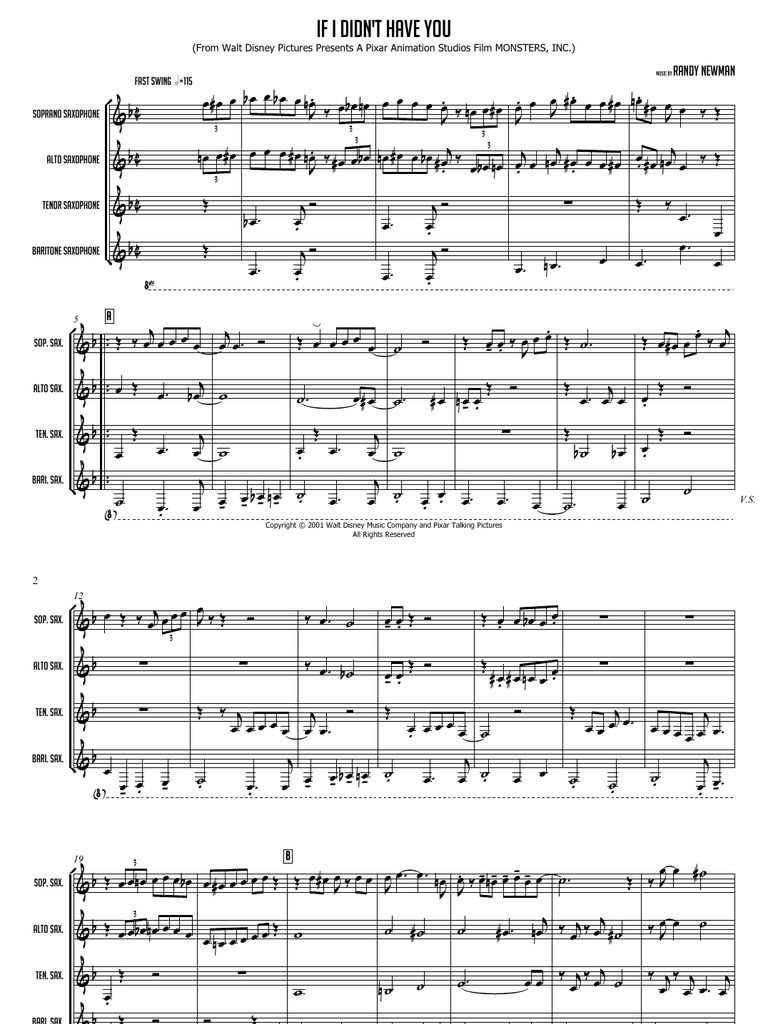 If I Didn t Have You Monsters Inc Theme Sax Quartet Concert Score