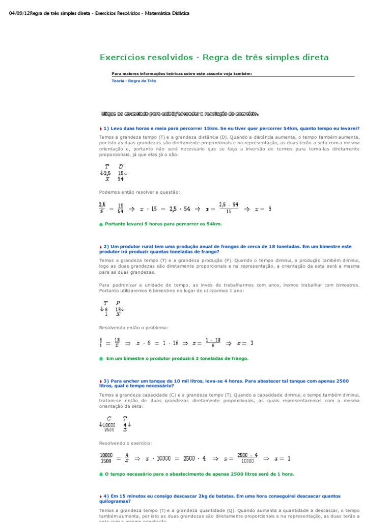 Regra de Três Simples Direta - Exercícios Resolvidos - Matemática ...