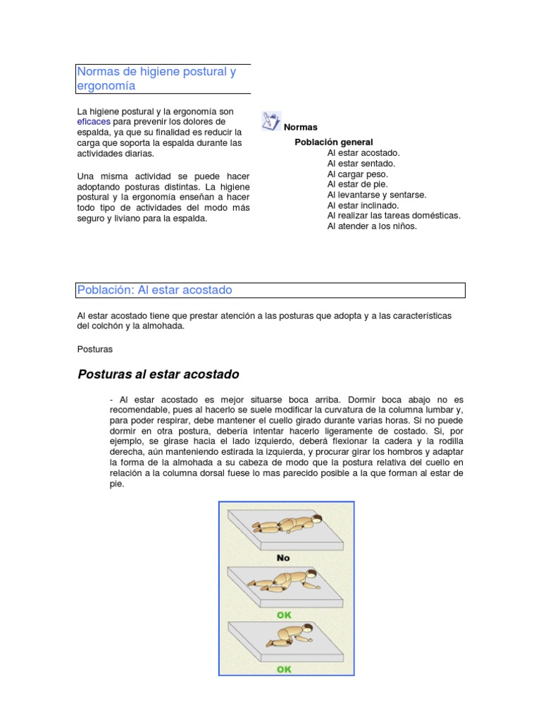 Normas de Higiene Postural y Ergonomia | PDF | Pie | Dolor lumbar
