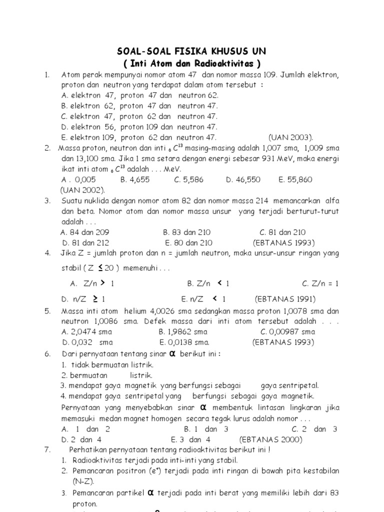 Soal-Soal Fisika Khusus Un ( Inti Atom dan Radioaktivitas )
