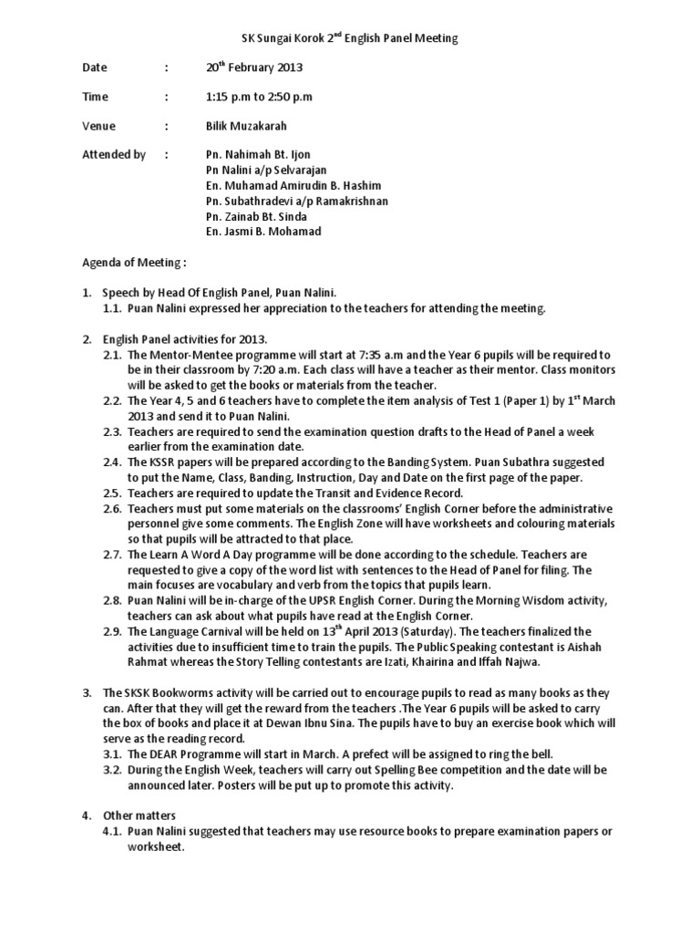 Minutes of English Panel 2nd Meeting Teachers