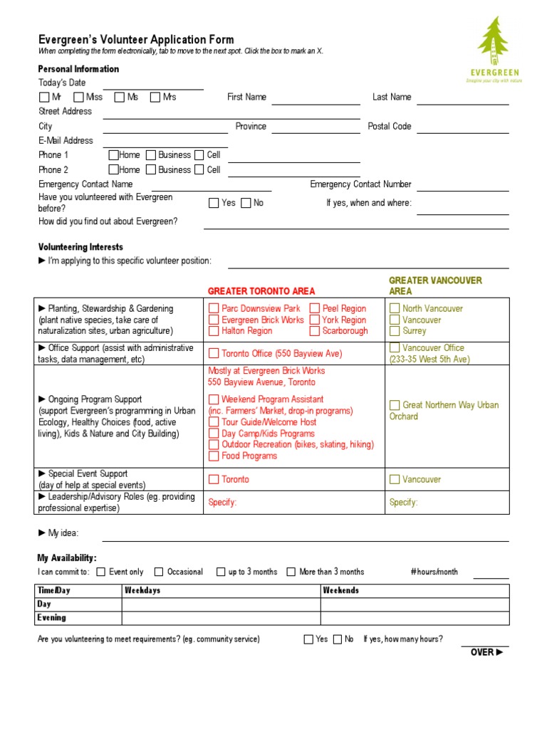 Evergreen Volunteer Application Form | PDF | Volunteering | Legal Guardian
