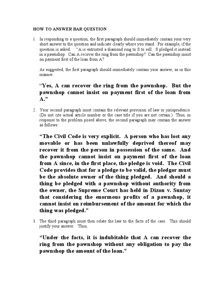 How To Answer Bar Question PDF Jurisprudence Pawnbroker