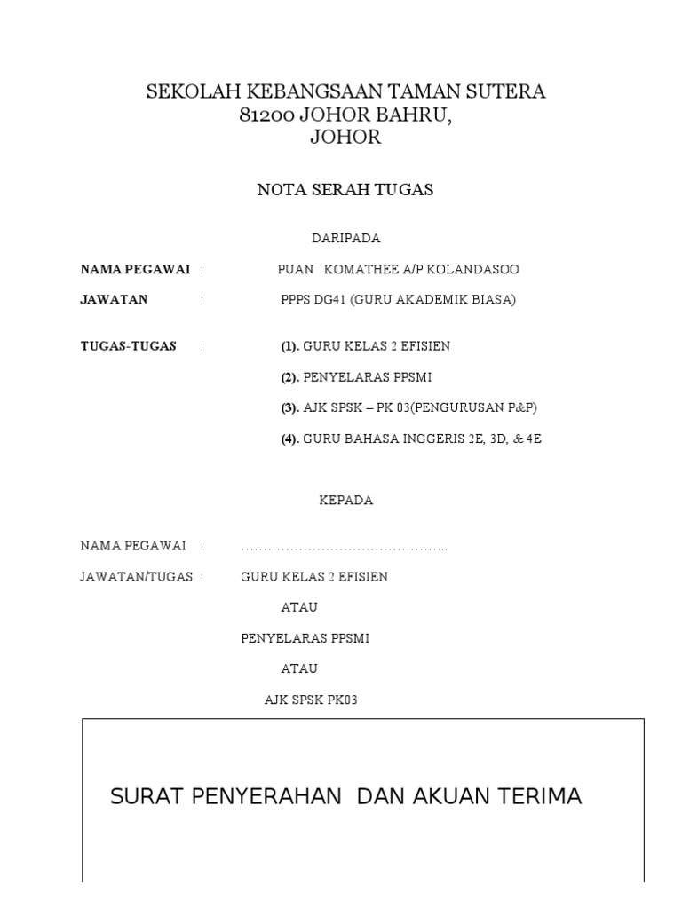 Contoh Surat Serah Tugas Lengkap Guru Bertukar