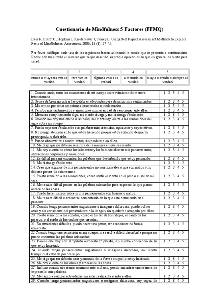 Cuestionario FFMQ de Mindfulness | PDF | Verdad | Sicología