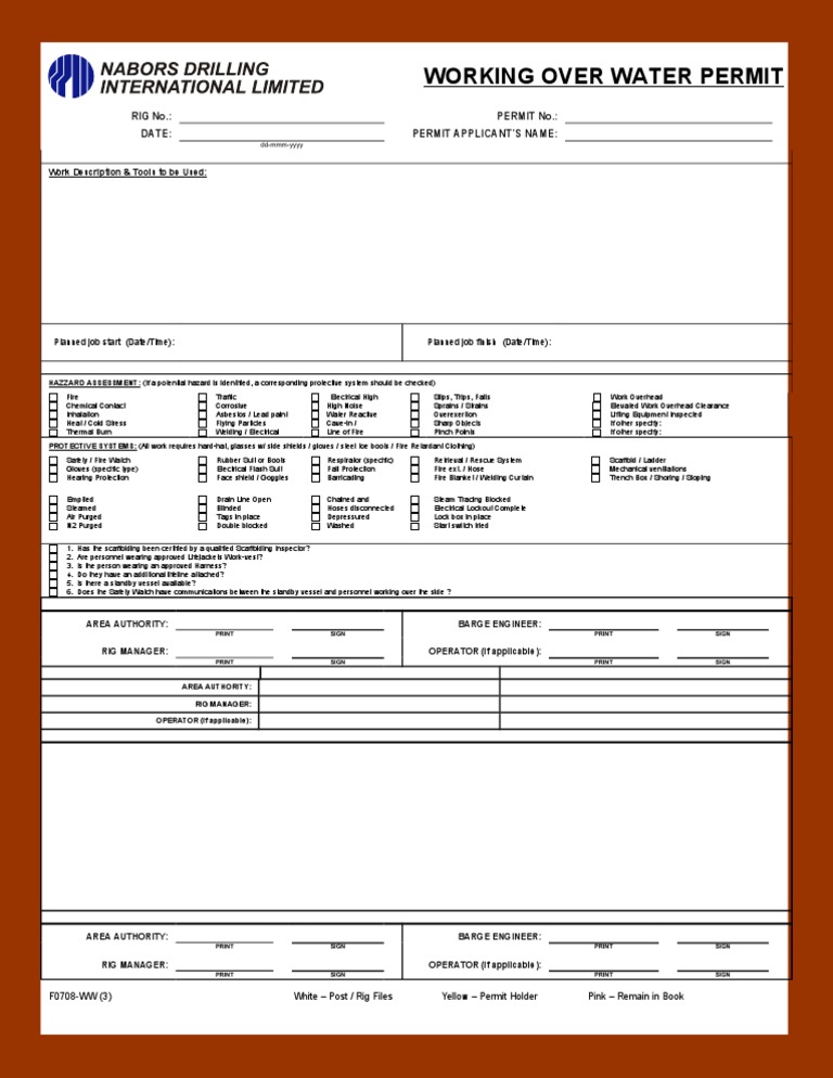 Working Over Water Permit RIG No. Permit No. Date Permit Applicant