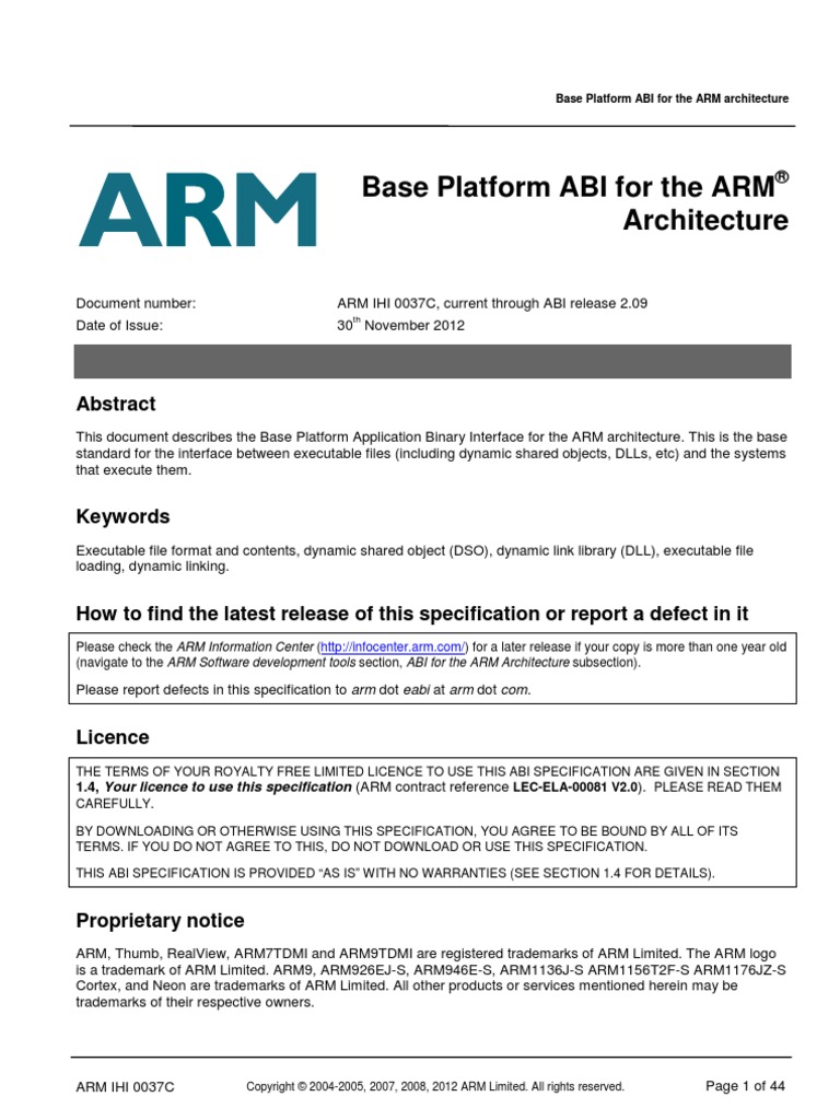 Base Platform ABI For The ARM Architecture: 1.4, Your Licence To Use ...