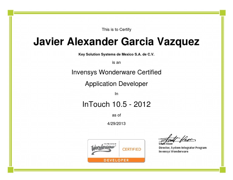 Invensys Wonderware Certification for Javier Garcia | PDF