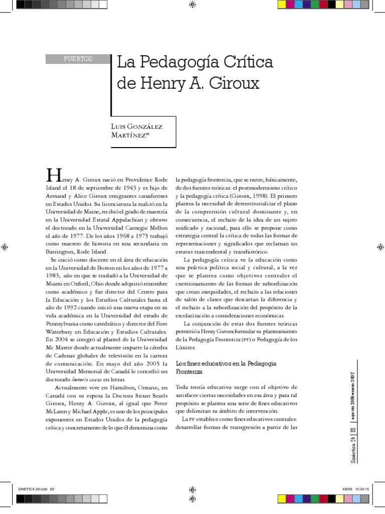29 La Pedagogia Critica de Henry a Giroux Enseñando Conocimiento