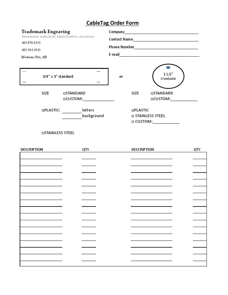 CableTag Order Form for Custom Labels | PDF