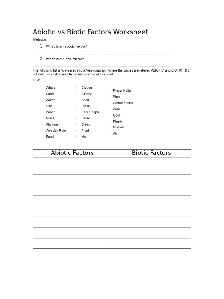 Abiotic vs Biotic Factors Worksheet Inside Abiotic Vs Biotic Factors Worksheet Answers%