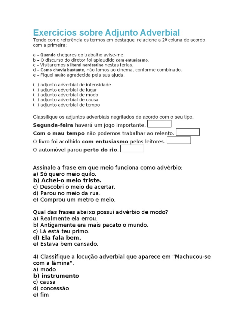 Exercícios sobre Adjunto Adverbial