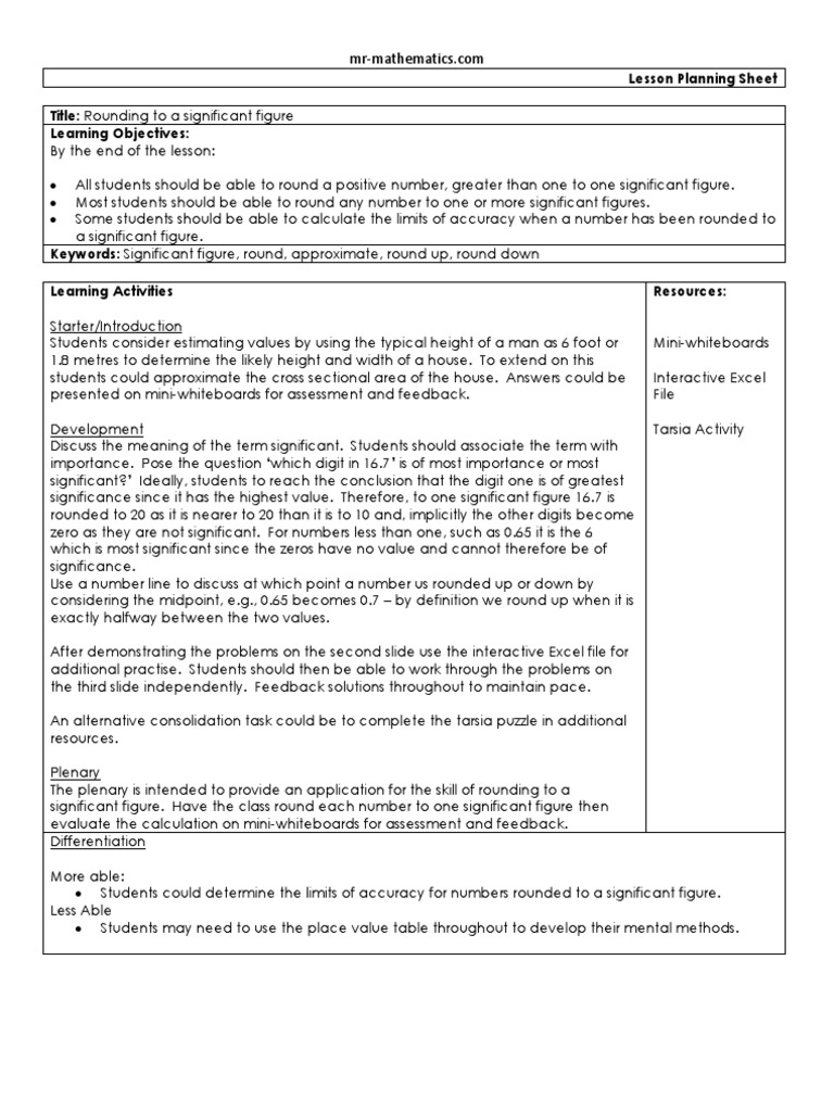 Lesson Plan Sig Fig | Significant Figures | Numbers