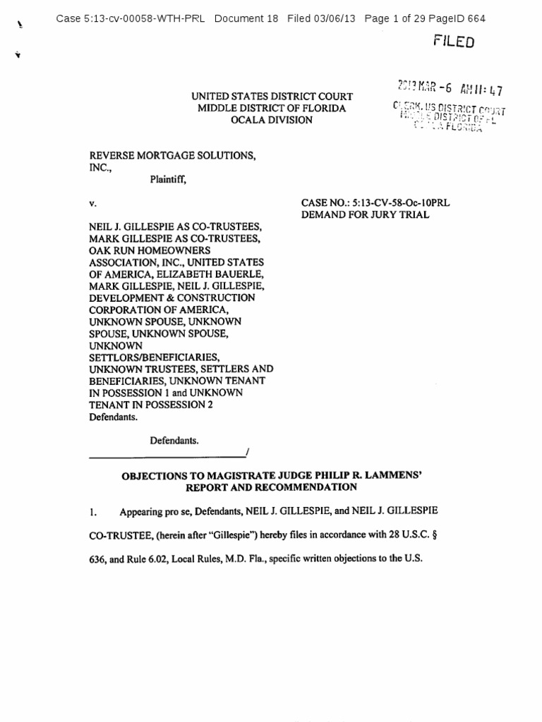 Doc 18. Objections to Report and Recommendation, 03-04-13 | Foreclosure