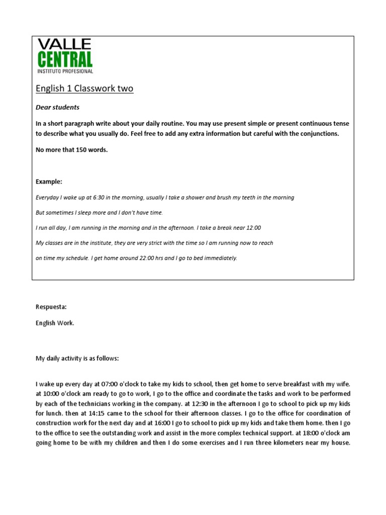 Daily Routine Writing Assignment | PDF | Language Arts & Discipline ...