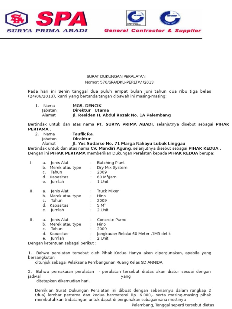 Contoh surat dukungan alat untuk tender