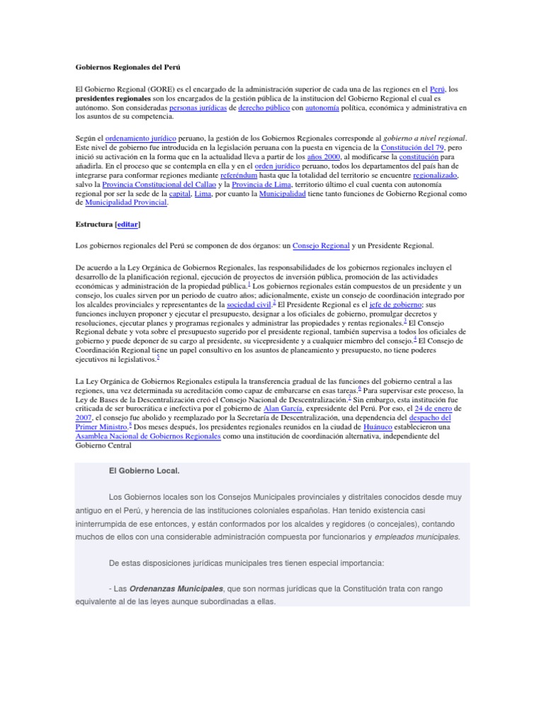 Estructura y Funciones de Gobiernos Regionales en Perú | PDF | Gobierno ...