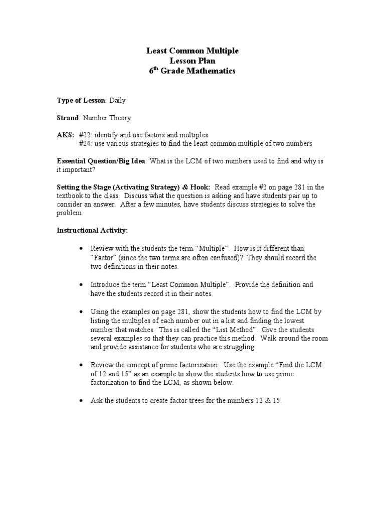 Least Common Multiple Factorization Lesson Plan