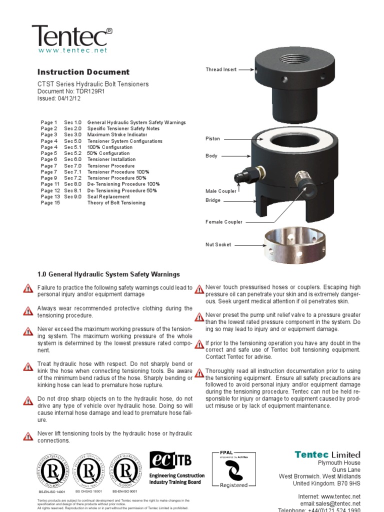 Tentec Instruction Manual CTST Series Tensioners TDR129XX PDF Nut