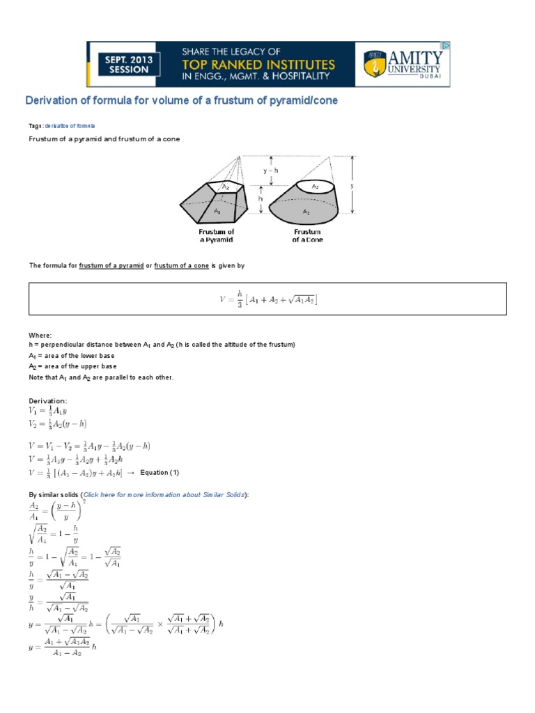 Derivation of Formula for Volume of a Frustum of Pyramid ...