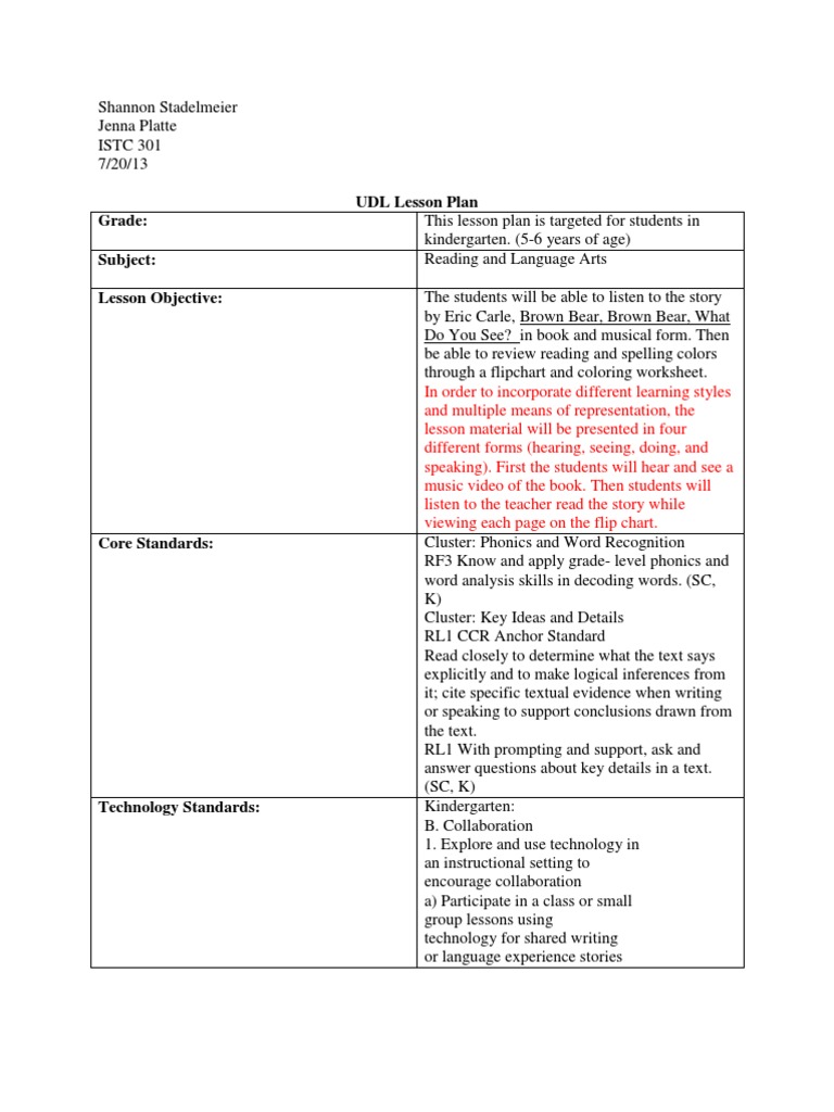 UDL Lesson Plan: Brown Bear Colors | PDF | Lesson Plan | Learning Styles