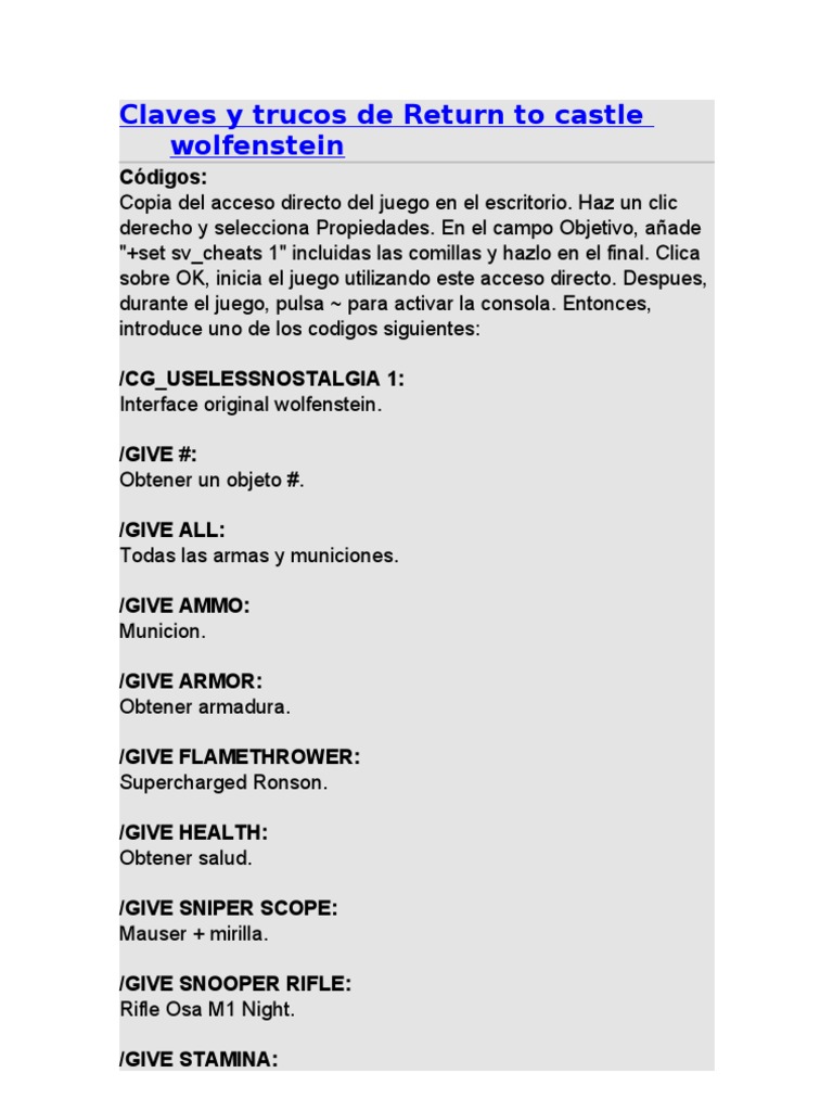 Claves y Trucos de Return To Castle Wolfenstein PDF