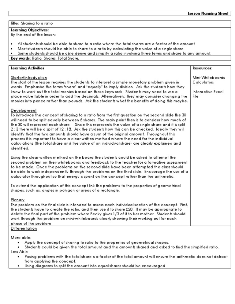 Lesson Plan Sharing to a Ratio | Ratio | Lesson Plan | Free 30-day