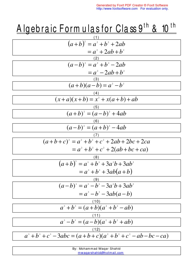 Algebraic Formulas For Class 9th 10th Pdf Teaching Mathematics Computing And Information Technology