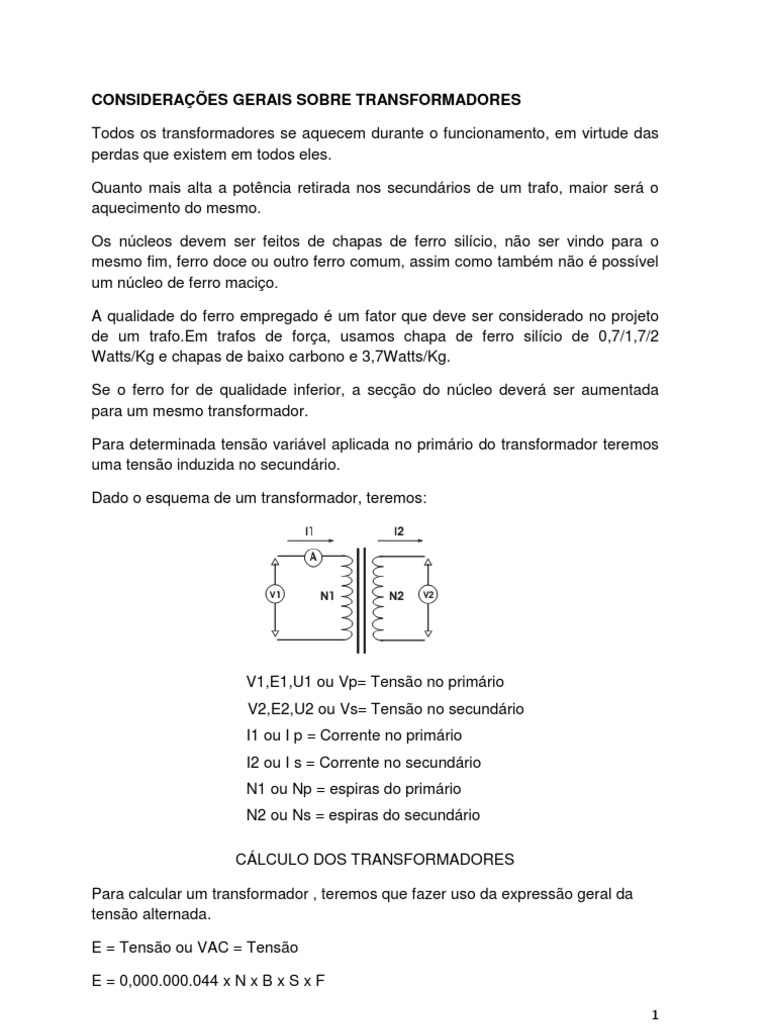 Cálculo de Transformadores e Espiras | PDF | Transformador | Magnetismo