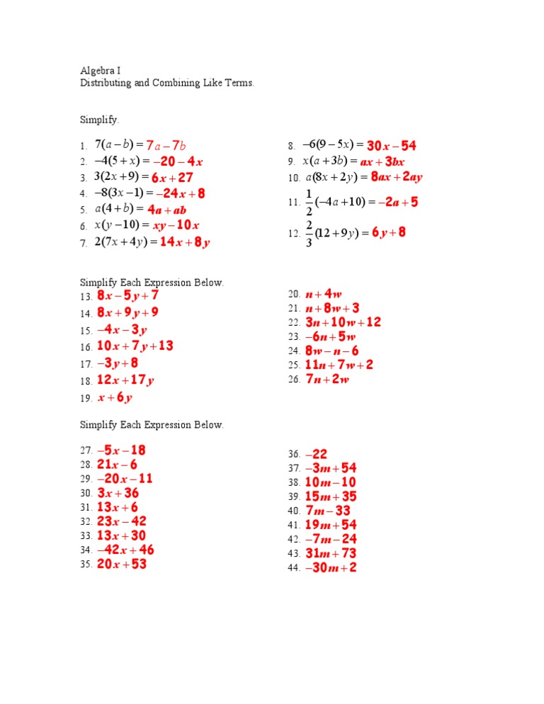 3 Dist Comb Like Terms Ws With Integers Answers Pdf Algebra Abstract Algebra