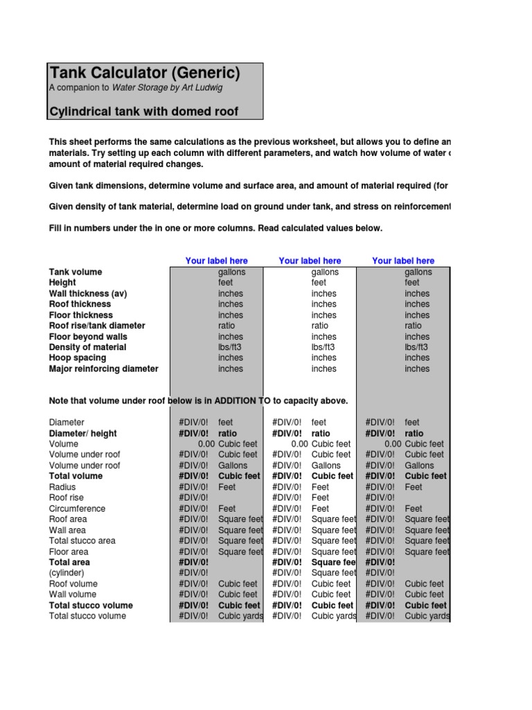 Tank Calculator (Generic) : Cylindrical Tank With Domed Roof | PDF ...