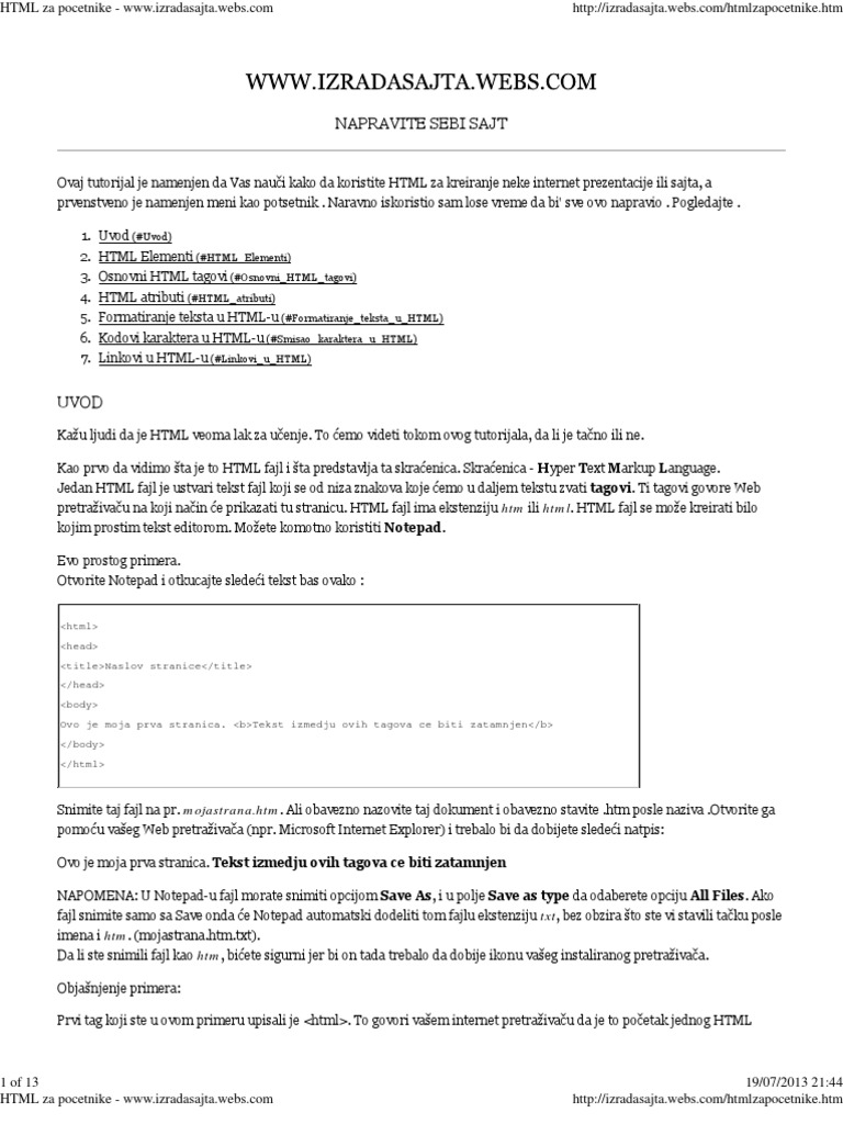 HTML Za Pocetnike - WWW - Izradasajta.webs | PDF