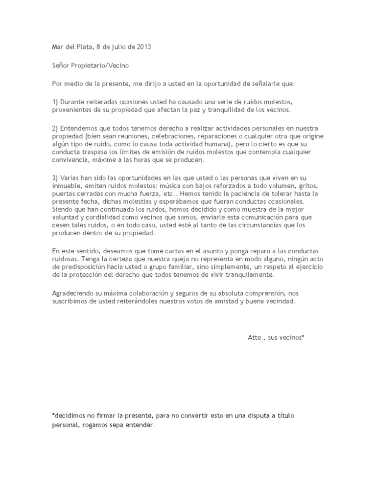 Modelo De Carta De Queja Por Ruidos Molestos Samuel C vrogue.co