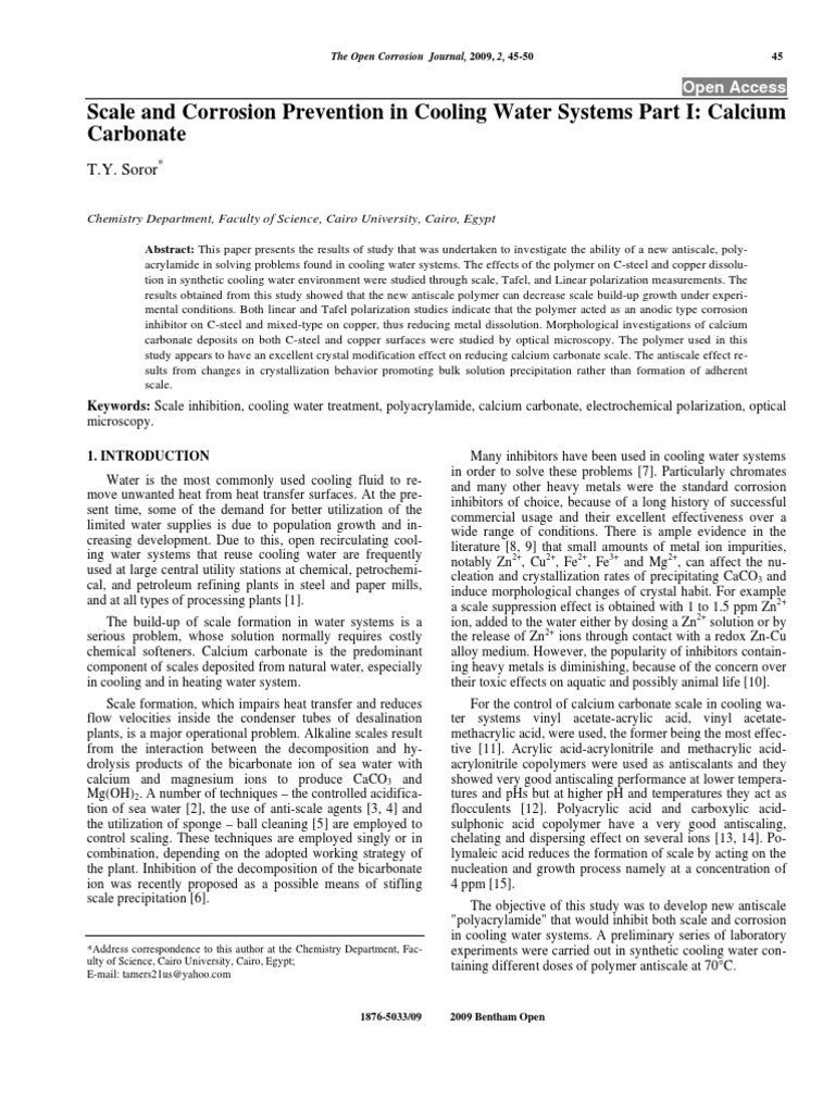 Scale and Corrosion Prevention in Cooling Water Systems Part I: Calcium ...