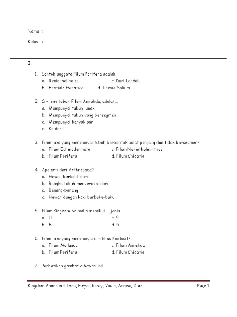 Soal Soal Kingdom Animalia