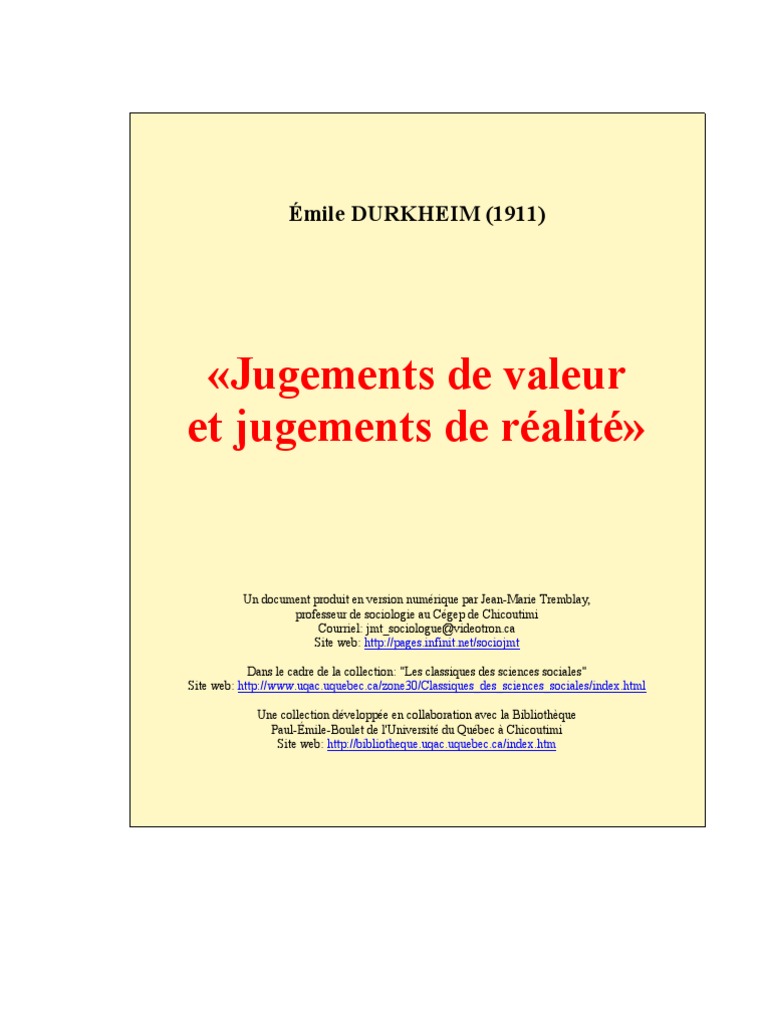 Durkheim  Jugements de valeurs et jugements de realité  Émile