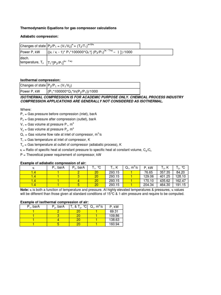 Compressor Power Estimation Calcs PDF Gas Compressor Gases