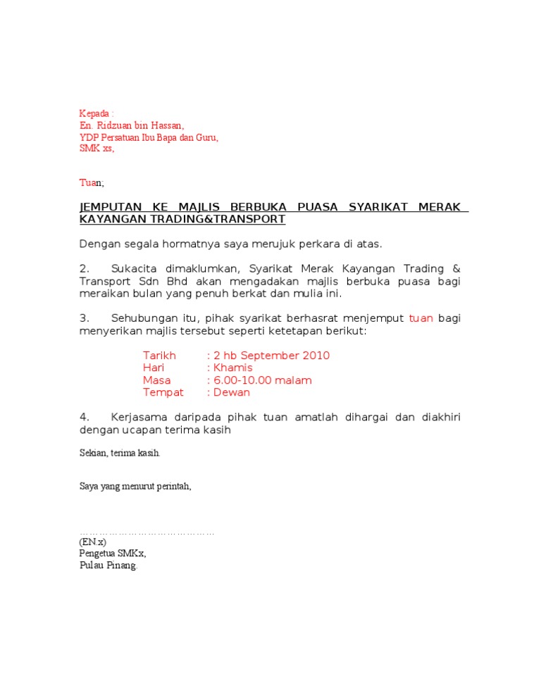 Contoh Surat Jemputan Majlis Berbuka Puasa Contoh Surat