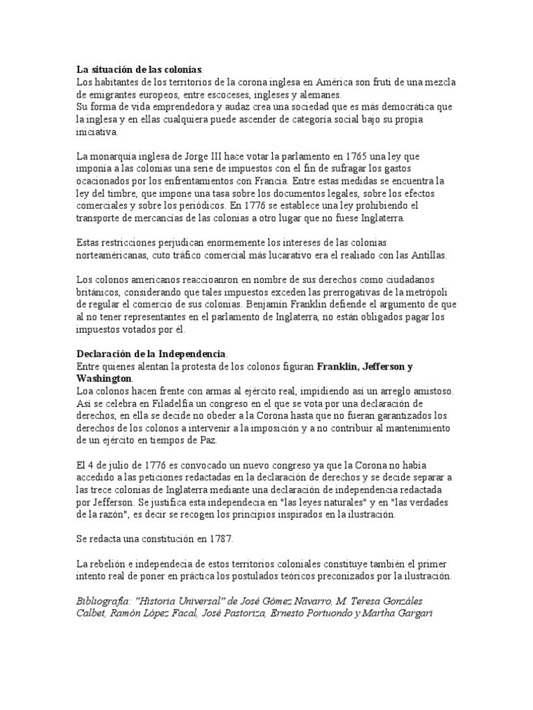La situación de las 13 colonias y formación de USA