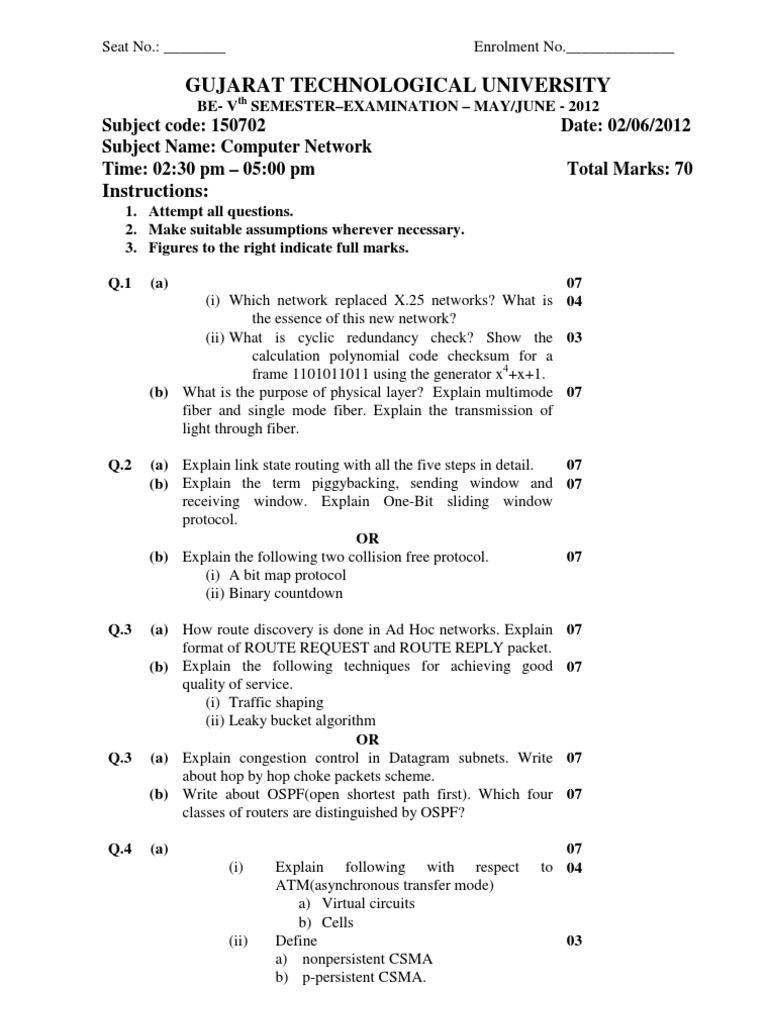 Computer Network Exam Paper 2012 | PDF