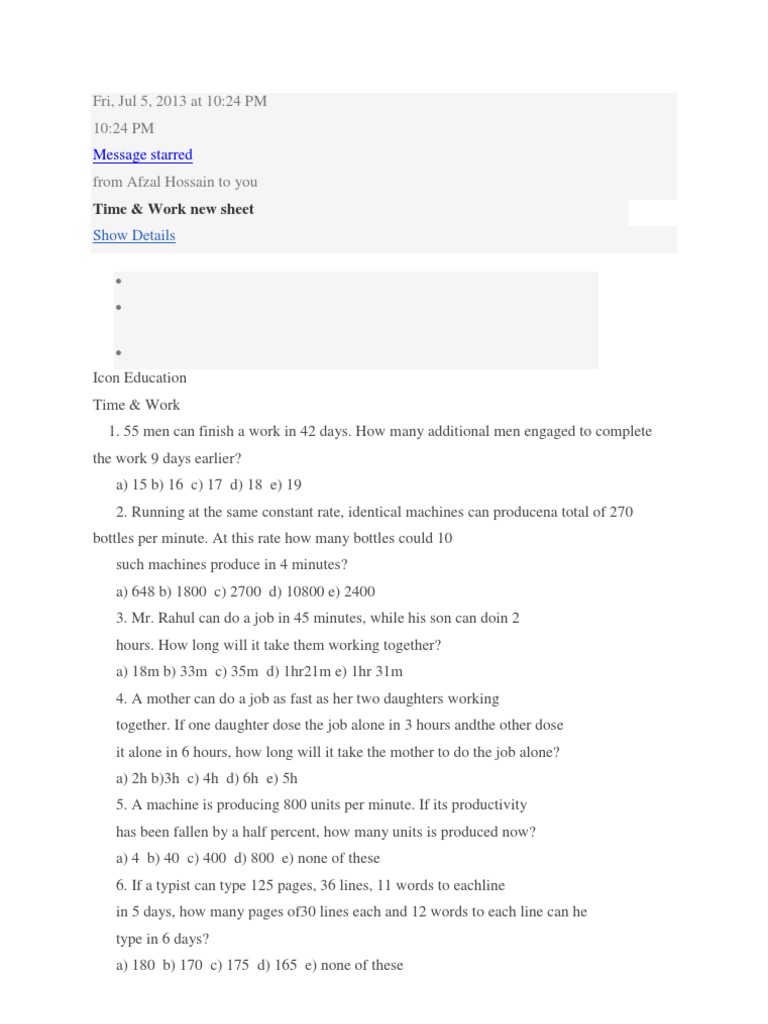 Time and Work Problem Set | PDF