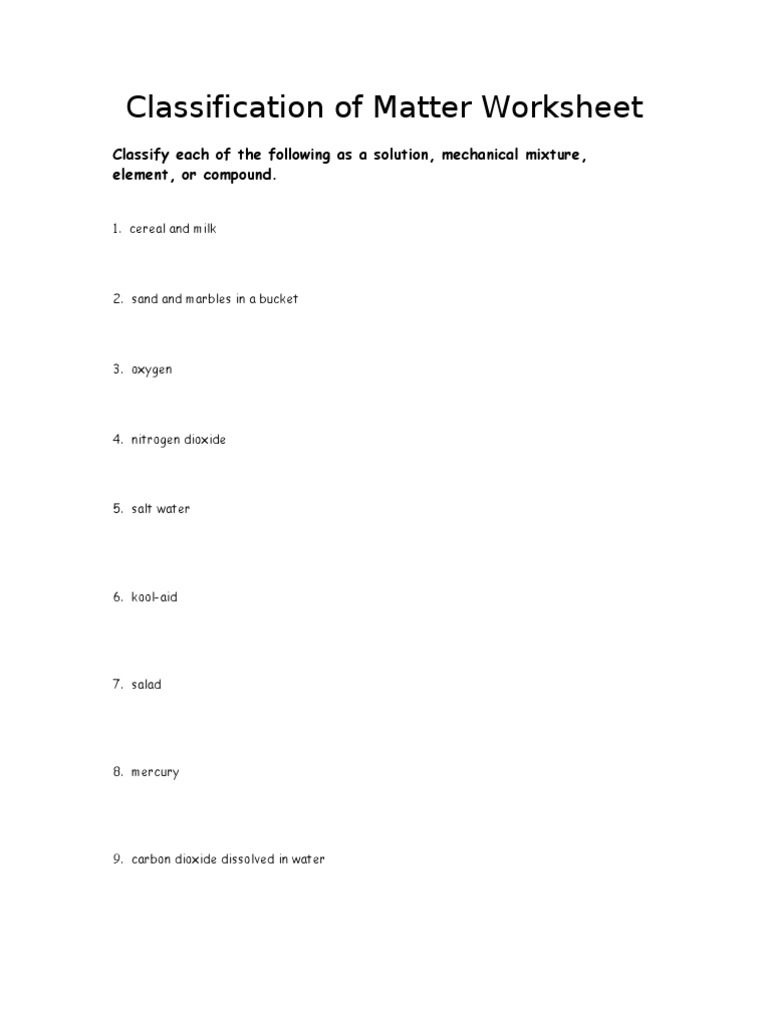 Classification of Matter Worksheet PDF Oxide Sodium Chloride