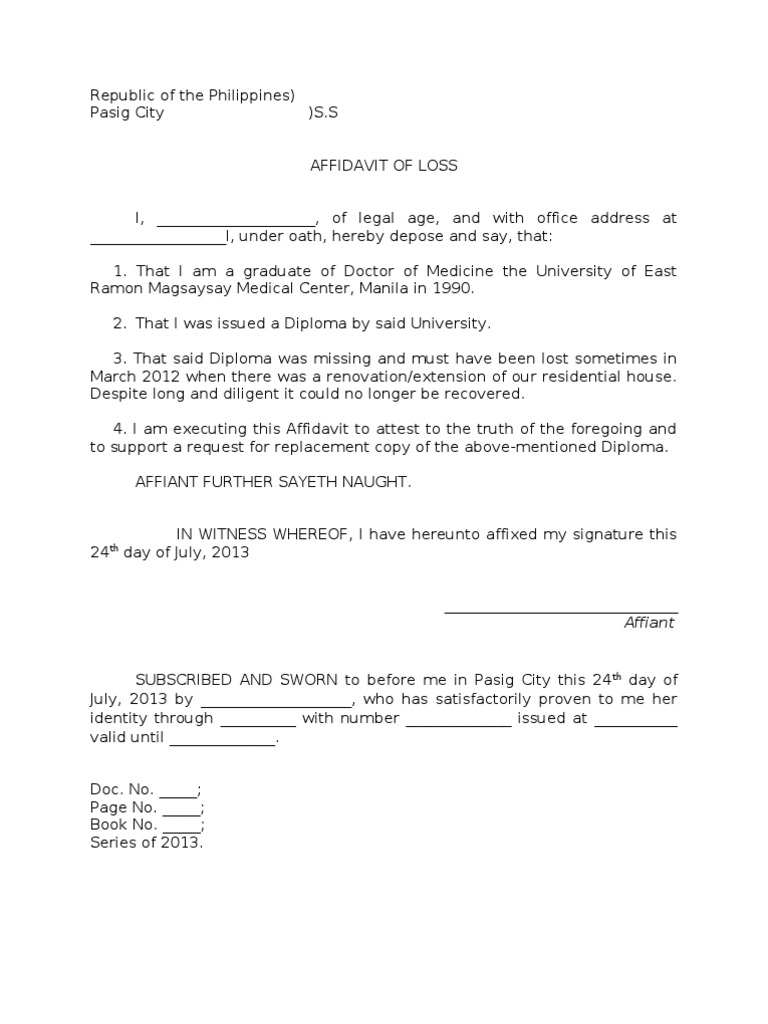 Sample Affidavit of Loss of A Diploma | PDF | Affidavit | Evidence