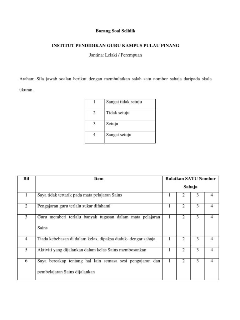 Contoh Borang Soal Selidik Sains