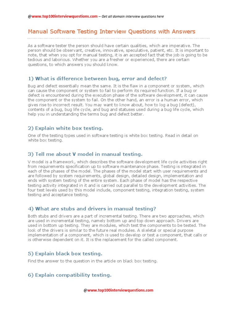 Manual Software Testing Interview Questions With Answers | Download ...