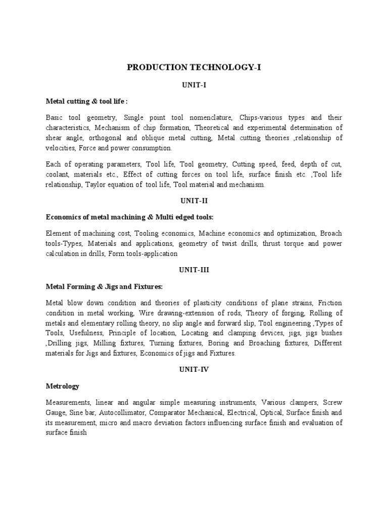 Production Technology Syllabus PDF Machining Force