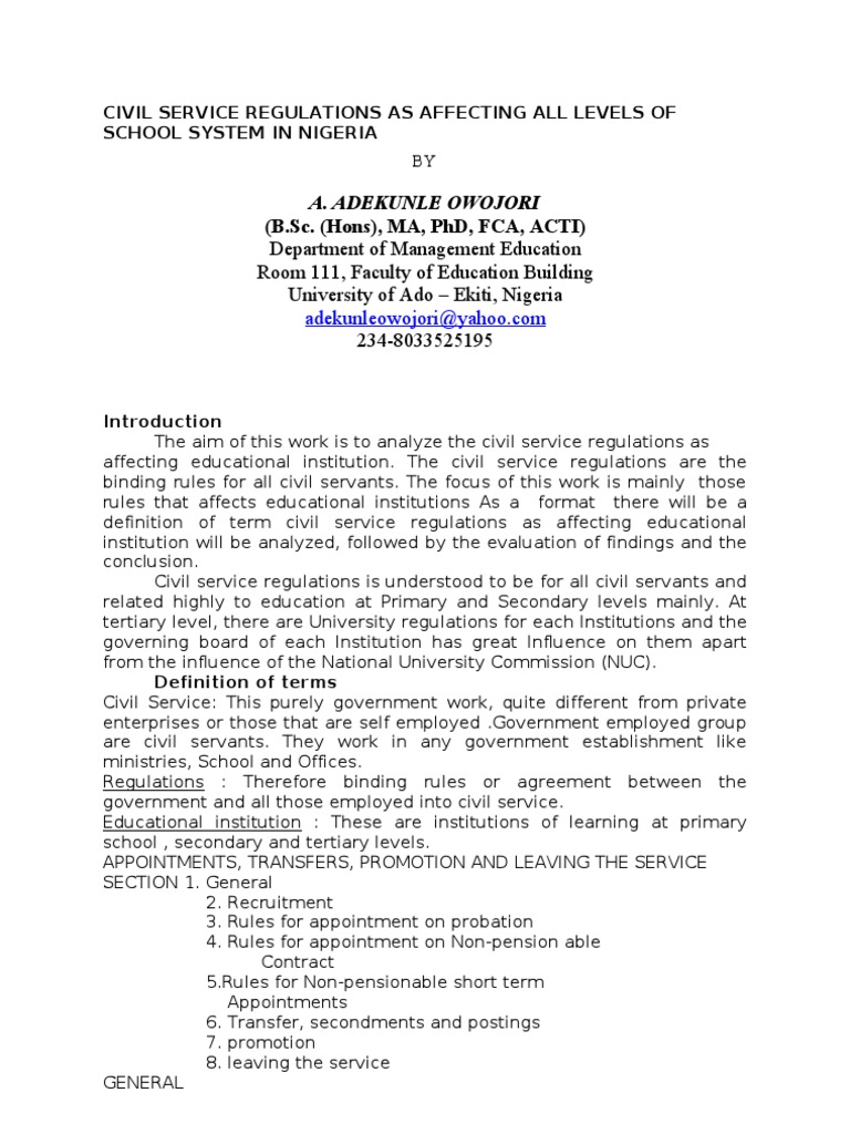 Civil Service Regulations As Affecting All Levels of School System in